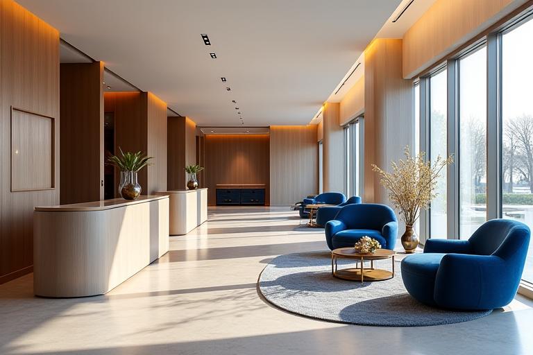 A modern, elegantly designed hotel lobby with comfortable seating.