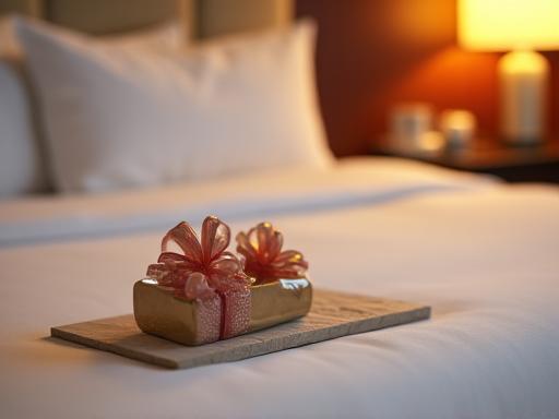 A close-up of a welcome amenity in a hotel room.
