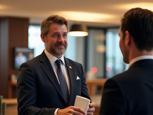 A professional hotel concierge assisting a guest.