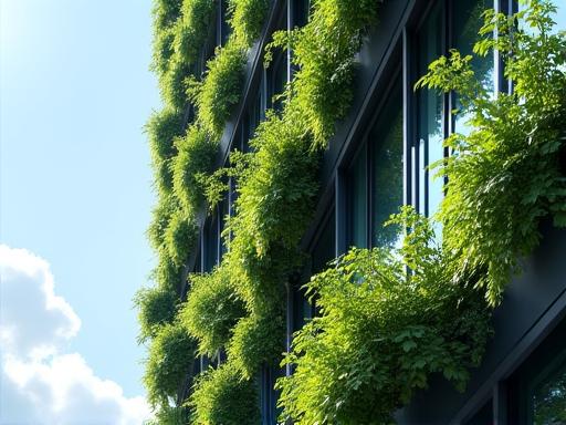 Green foliage on a modern building, symbolizing sustainability.